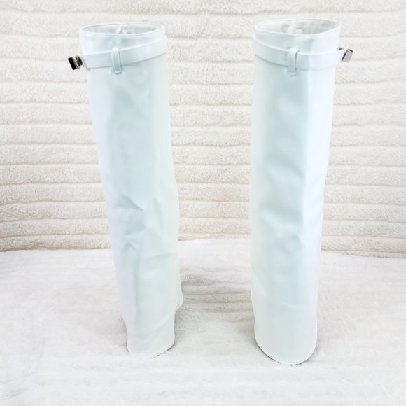 Paris White Skirted Fold Over 3.5" Block Heel Knee High Boots - Picture 3 of 9